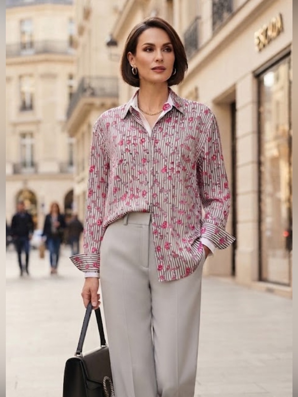 Vintage Mondi Gray Stripe Pink Floral Blouse Made In Germany